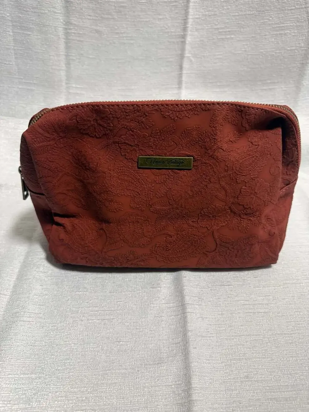 Revive Vintage Terracotta Red Floral Embossed Cosmetic Pouch Toiletry Bag